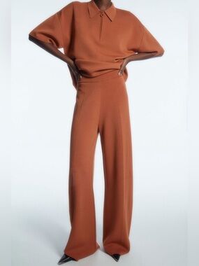 COS Rust Burnt Orange Wide Leg Knit Trousers Double Faced Size L
